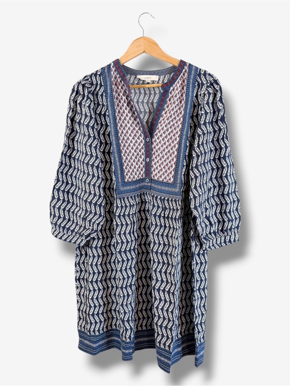 Loft Boho Leaf Print Dress Size L Blue White 3/4 Sleeve Mini Casual Preppy